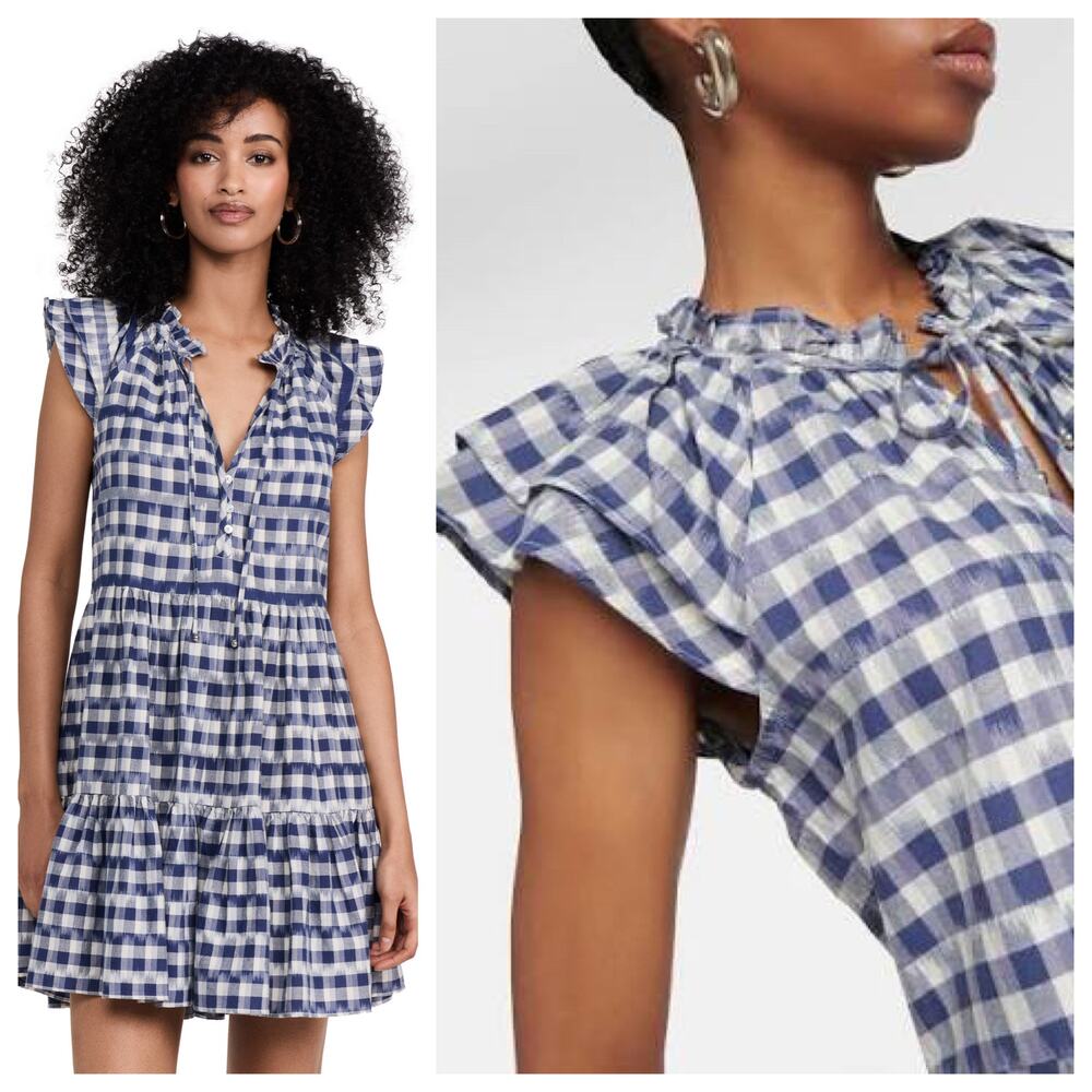 Veronica Beard ZEE Mini Dress Gingham Ruffle Flutter Sleeve Tie Summer Cotton 6